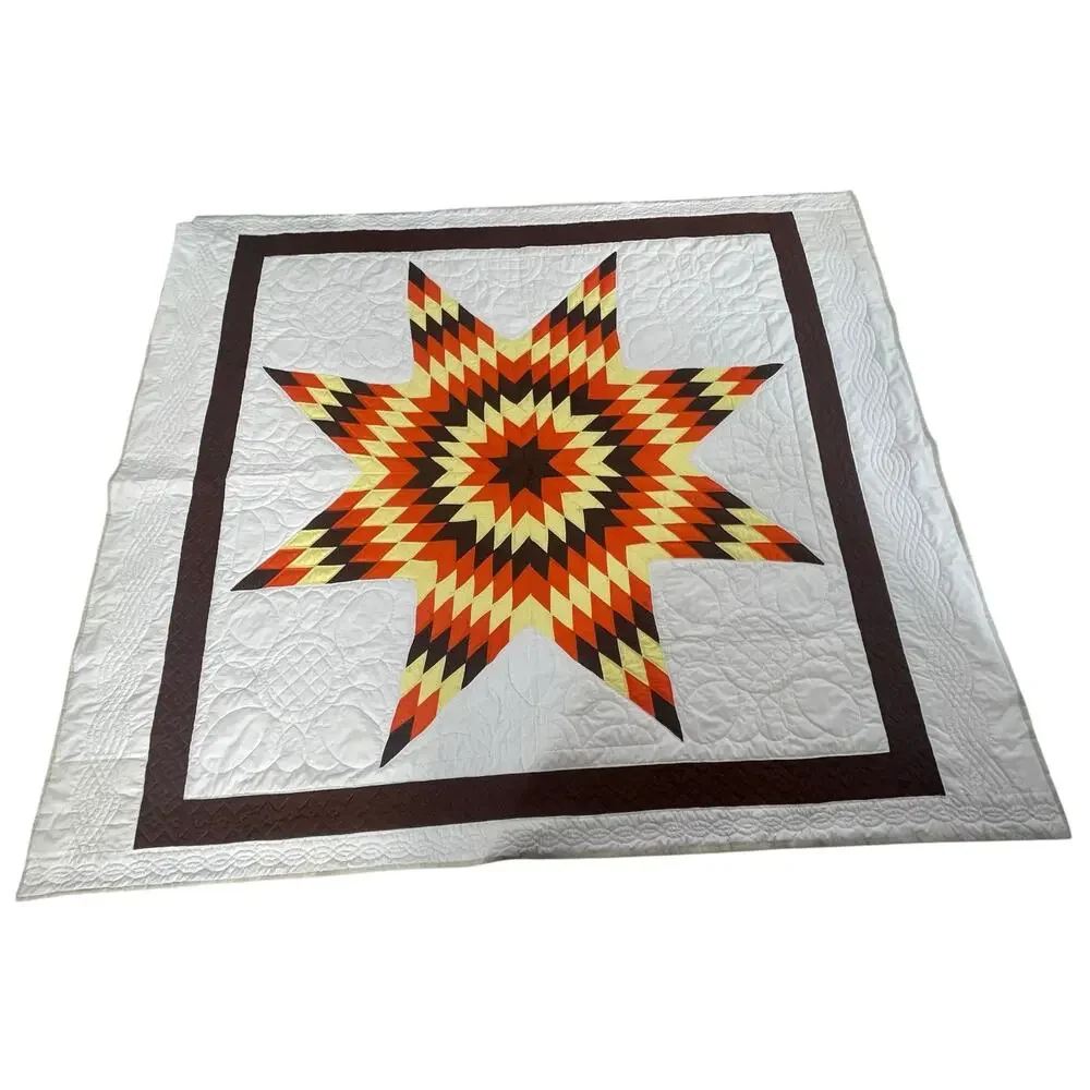 Vintage Handmade Harvest Lone Star Quilt Texas Orange Brown Fall Autumn *READ*